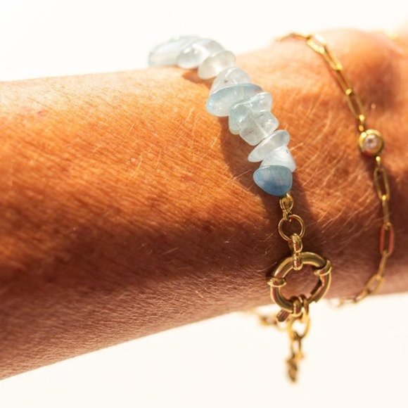 BUNDLE GENUINE AQUAMARINE Stud Earrings & Aquamarine Bracelet non-tarnish Gold - Picture 15 of 15